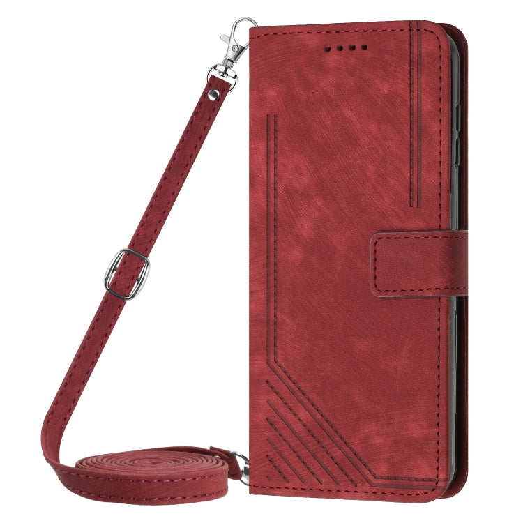 For Samsung Galaxy S25+ / S24+ 5G Skin Feel Stripe Pattern Leather Phone Case with Long Lanyard(Red)