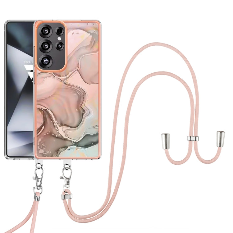 For Samsung Galaxy S25 Ultra 5G Electroplating Marble Dual-side IMD Phone Case with Lanyard(Rose Gold 015)