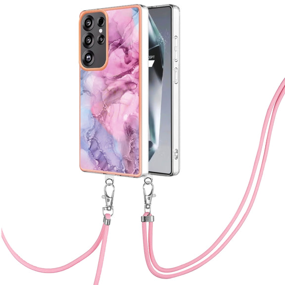 For Samsung Galaxy S25 Ultra 5G Electroplating Marble Dual-side IMD Phone Case with Lanyard(Pink 013)