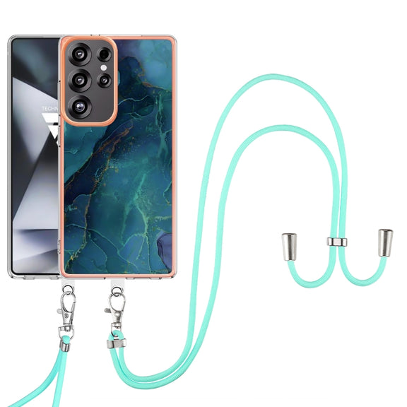 For Samsung Galaxy S25 Ultra 5G Electroplating Marble Dual-side IMD Phone Case with Lanyard(Green 017)