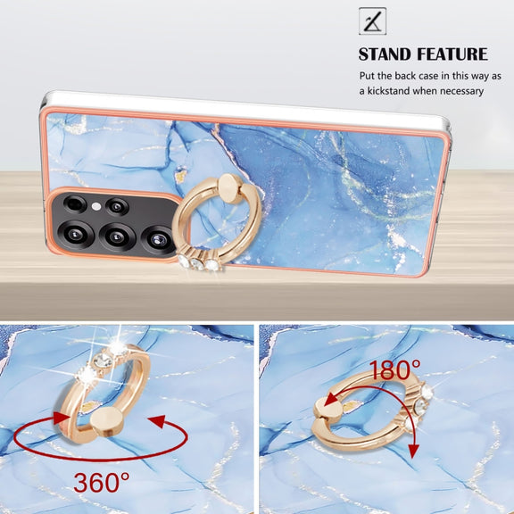 For Samsung Galaxy S25 Ultra 5G Electroplating Marble Dual-side IMD Phone Case with Ring(Blue 018)