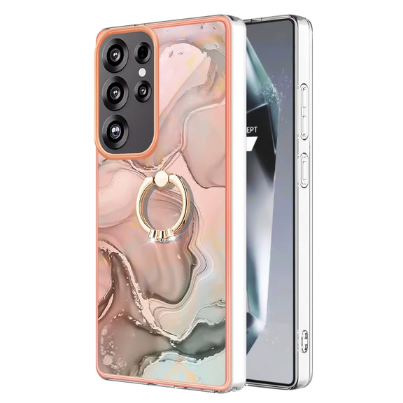 For Samsung Galaxy S25 Ultra 5G Electroplating Marble Dual-side IMD Phone Case with Ring(Rose Gold 015)
