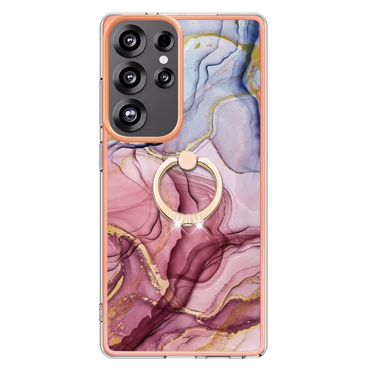 For Samsung Galaxy S25 Ultra 5G Electroplating Marble Dual-side IMD Phone Case with Ring(Rose Red 014)