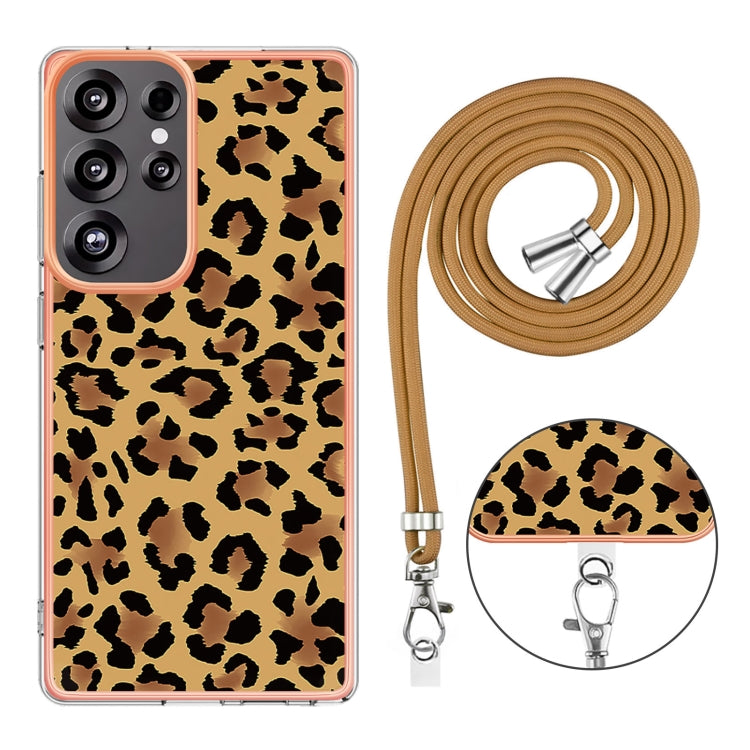 For Samsung Galaxy S25 Ultra 5G Electroplating Dual-side IMD Phone Case with Lanyard(Leopard Print)