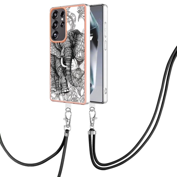 For Samsung Galaxy S25 Ultra 5G Electroplating Dual-side IMD Phone Case with Lanyard(Totem Elephant)