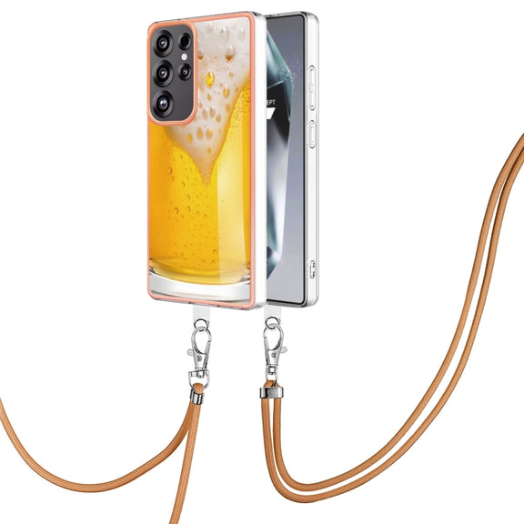 For Samsung Galaxy S25 Ultra 5G Electroplating Dual-side IMD Phone Case with Lanyard(Draft Beer)