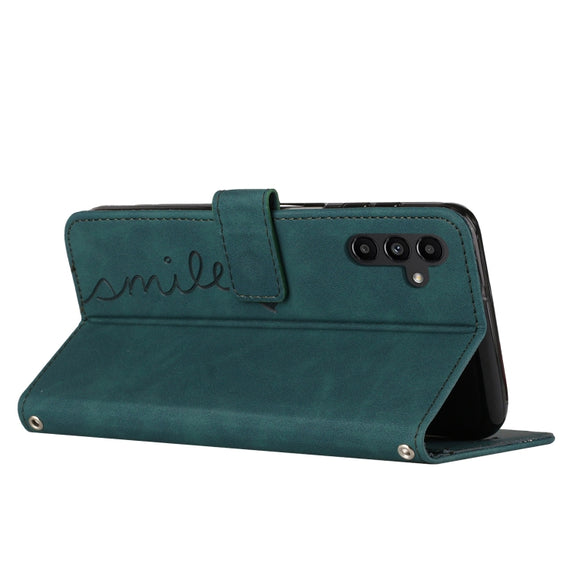 For Samsung Galaxy S25 / S24 5G Skin Feel Heart Embossed Leather Phone Case with Long Lanyard(Green)