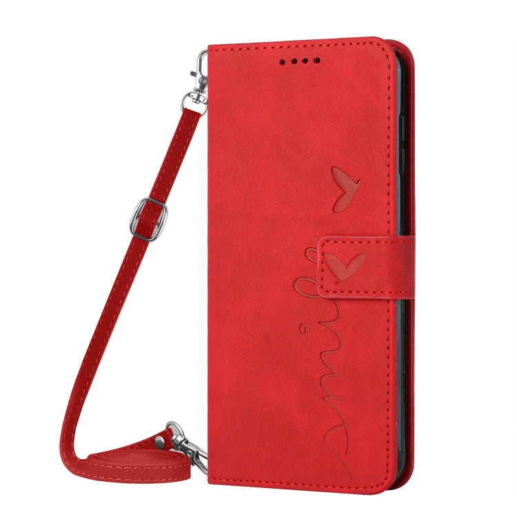 For Samsung Galaxy S25 / S24 5G Skin Feel Heart Embossed Leather Phone Case with Long Lanyard(Red)