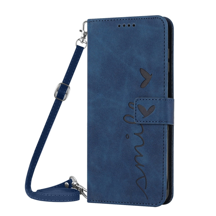 For Samsung Galaxy S25+ / S24+ 5G Skin Feel Heart Embossed Leather Phone Case with Long Lanyard(Blue)