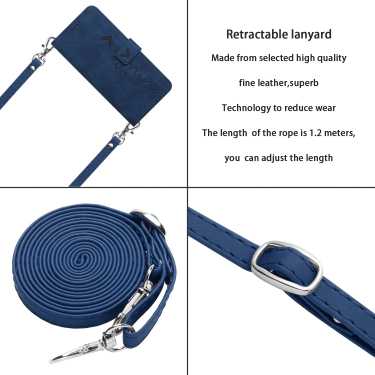 For Samsung Galaxy S25+ / S24+ 5G Skin Feel Heart Embossed Leather Phone Case with Long Lanyard(Blue)