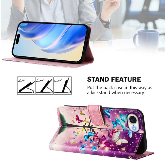For iPhone 16e Art Colored Drawing Pattern Leather Phone Case(Butterfly branch)