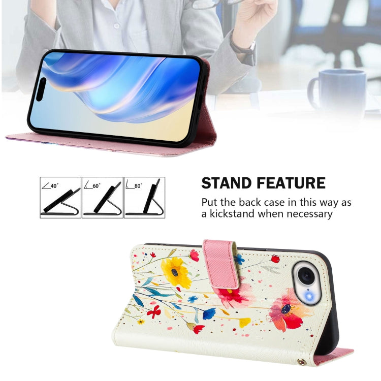 For iPhone 16e Art Colored Drawing Pattern Leather Phone Case(Flowers and plants)