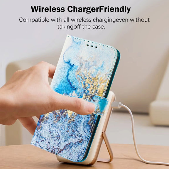For iPhone 16e Art Colored Drawing Pattern Leather Phone Case(Ocean marble)