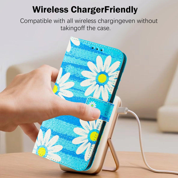 For iPhone 16e Art Colored Drawing Pattern Leather Phone Case(Blue daisy)