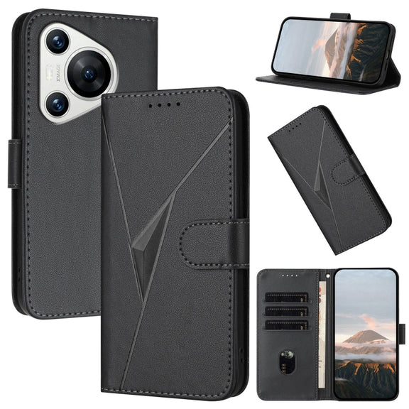 For Huawei Pura 70 Triangle Pattern Buckle Clasp Leather Phone Case(Black)