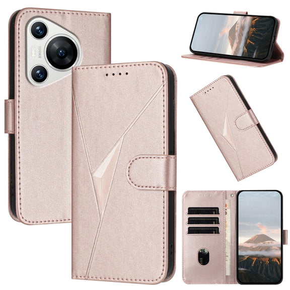 For Huawei Pura 70 Triangle Pattern Buckle Clasp Leather Phone Case(Rose Gold)