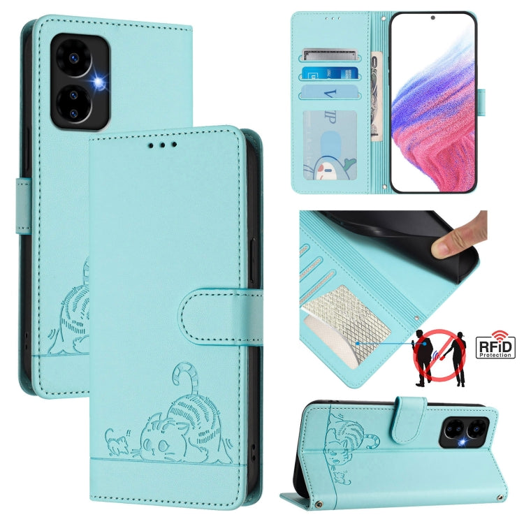 For Boost Mobile Celero 5G 2024 Cat Rat Embossed RFID Leather Phone Case with Lanyard(Mint Green)