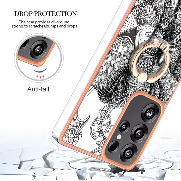 For Samsung Galaxy S25 Ultra 5G Electroplating Dual-side IMD Phone Case with Ring Holder(Totem Elephant)