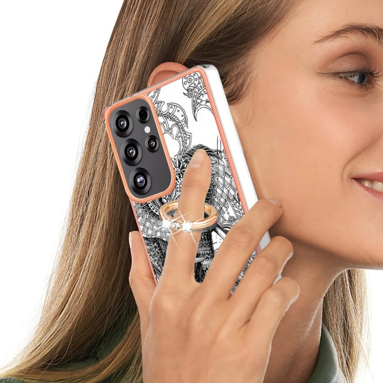For Samsung Galaxy S25 Ultra 5G Electroplating Dual-side IMD Phone Case with Ring Holder(Totem Elephant)