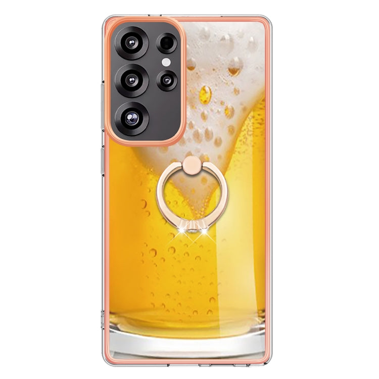 For Samsung Galaxy S25 Ultra 5G Electroplating Dual-side IMD Phone Case with Ring Holder(Draft Beer)