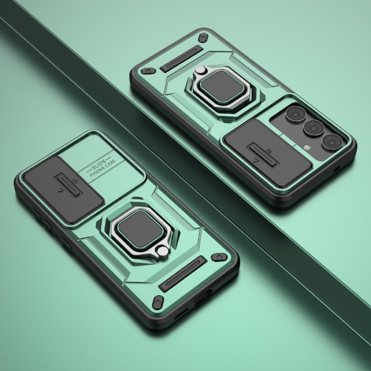 For Samsung Galaxy S25 5G Sliding Camshield TPU + PC Shockproof Phone Case with Holder(Green)