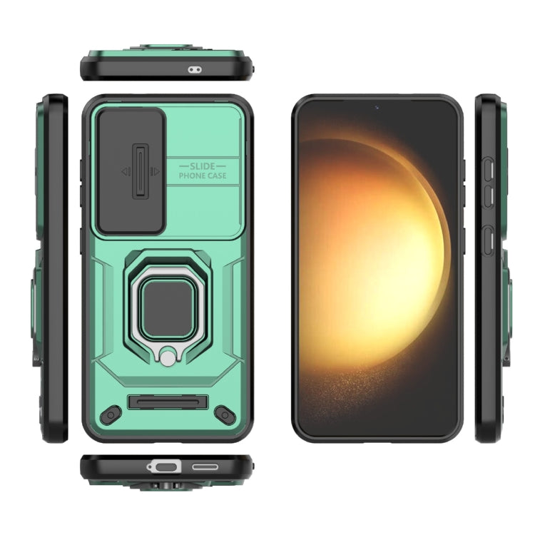 For Samsung Galaxy S25 5G Sliding Camshield TPU + PC Shockproof Phone Case with Holder(Green)