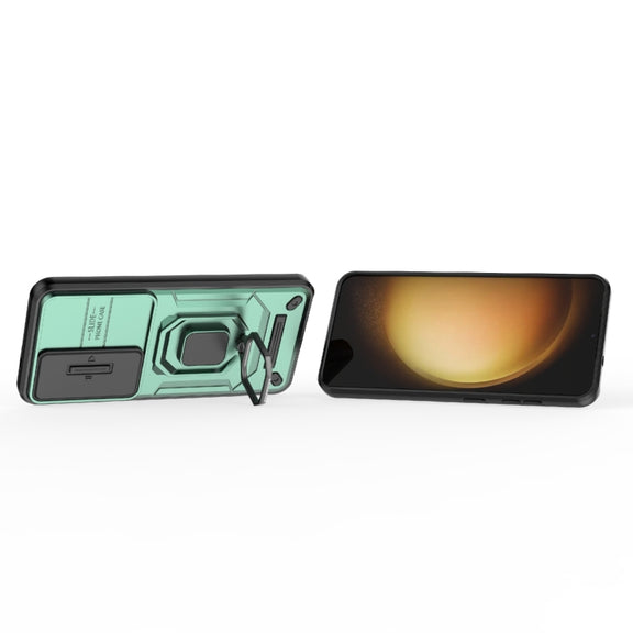 For Samsung Galaxy S25 5G Sliding Camshield TPU + PC Shockproof Phone Case with Holder(Green)