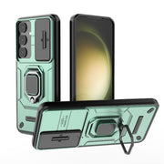 For Samsung Galaxy S25+ 5G Sliding Camshield TPU + PC Shockproof Phone Case with Holder(Green)