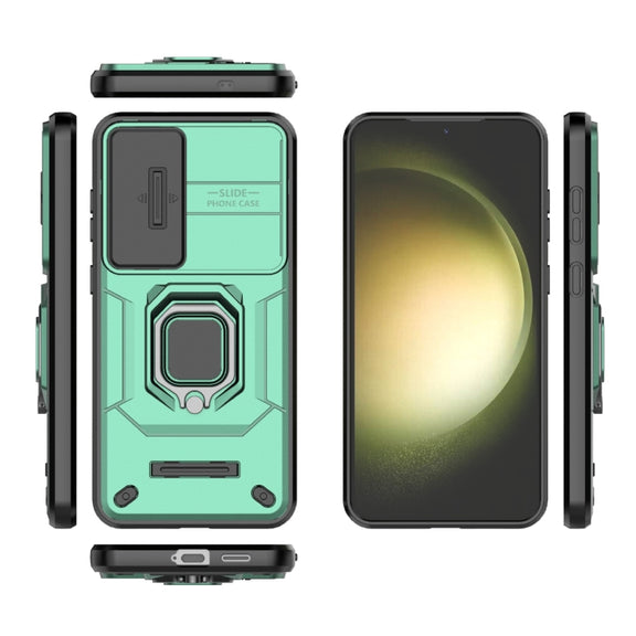 For Samsung Galaxy S25+ 5G Sliding Camshield TPU + PC Shockproof Phone Case with Holder(Green)