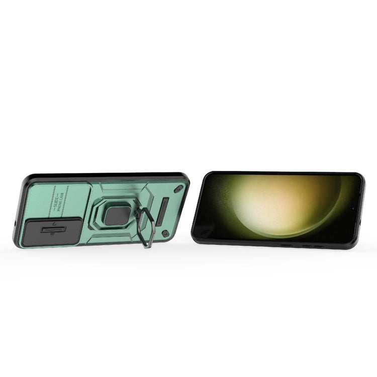 For Samsung Galaxy S25+ 5G Sliding Camshield TPU + PC Shockproof Phone Case with Holder(Green)