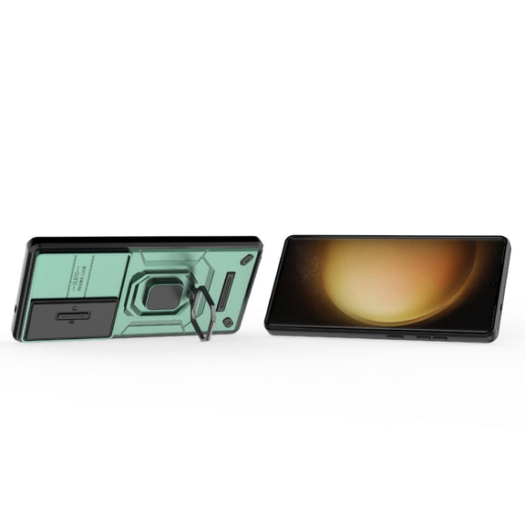 For Samsung Galaxy S25 Ultra 5G Sliding Camshield TPU + PC Shockproof Phone Case with Holder(Green)