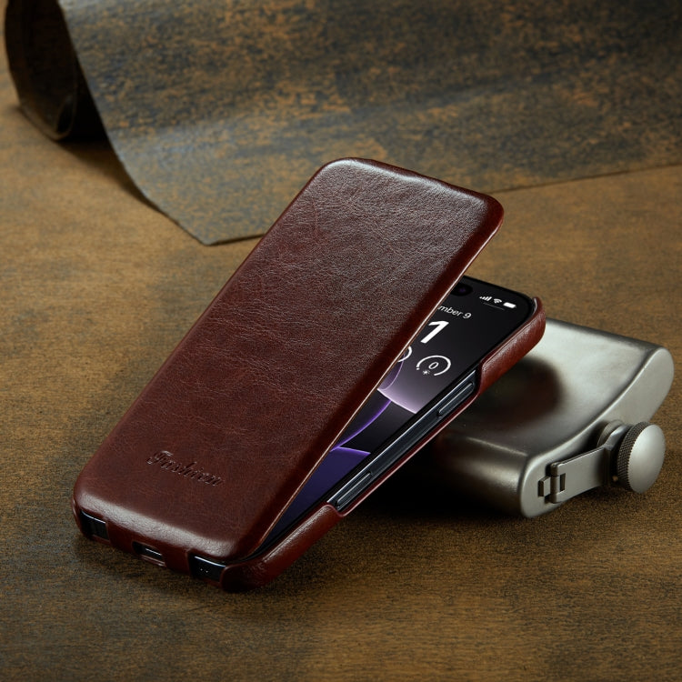 For iPhone 16 Pro Fierre Shann 64 Texture Vertical Flip PU Leather Phone Case(Brown)