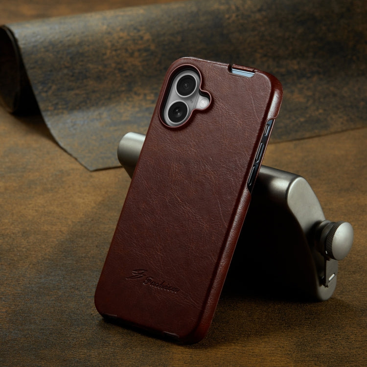 For iPhone 16 Plus Fierre Shann 64 Texture Vertical Flip PU Leather Phone Case(Brown)