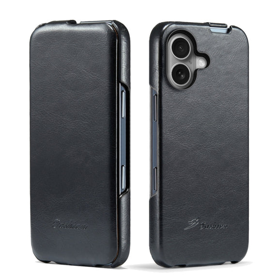 For iPhone 16 Fierre Shann 64 Texture Vertical Flip PU Leather Phone Case(Black)