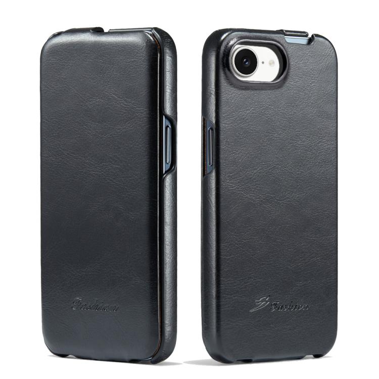 For iPhone 16e Fierre Shann 64 Texture Vertical Flip PU Leather Phone Case(Black)