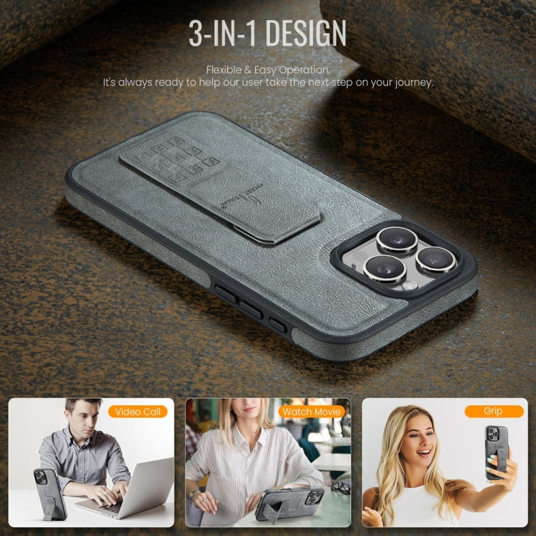 For iPhone 16 Pro Max Fierre Shann Oil Wax Cow Leather Holder Back Phone Case(Grey)