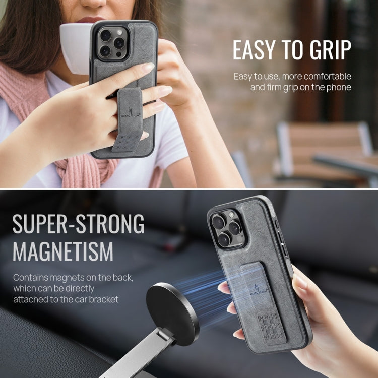 For iPhone 16 Pro Max Fierre Shann Oil Wax Cow Leather Holder Back Phone Case(Grey)