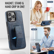 For iPhone 16 Pro Max Fierre Shann Oil Wax Cow Leather Holder Back Phone Case(Blue)