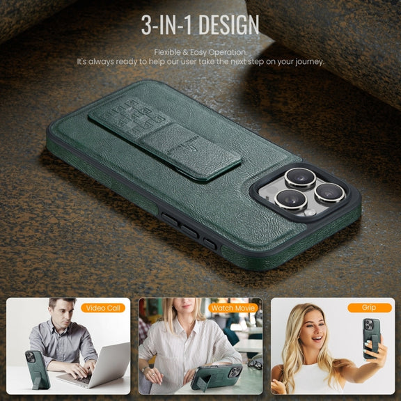 For iPhone 16 Pro Max Fierre Shann Oil Wax Cow Leather Holder Back Phone Case(Green)