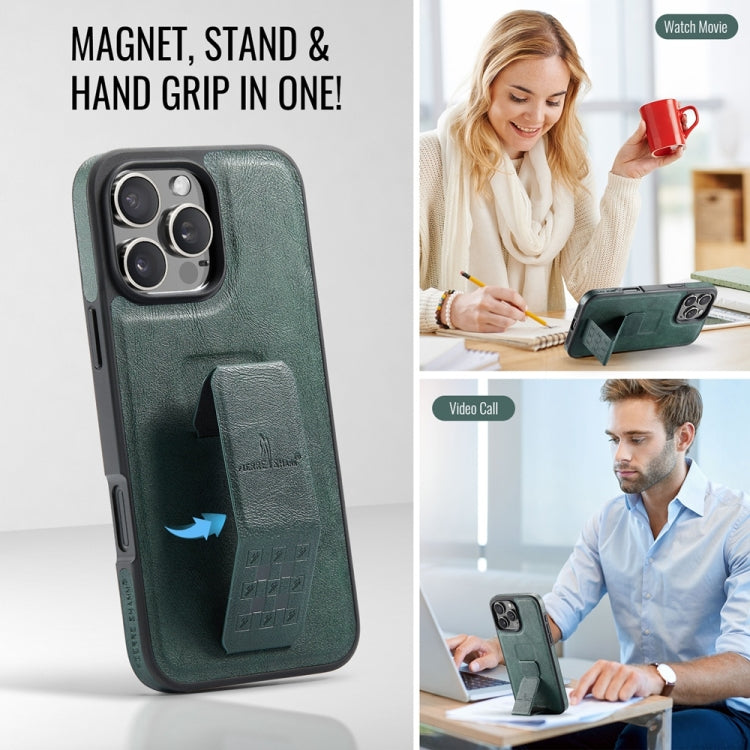 For iPhone 16 Pro Max Fierre Shann Oil Wax Cow Leather Holder Back Phone Case(Green)