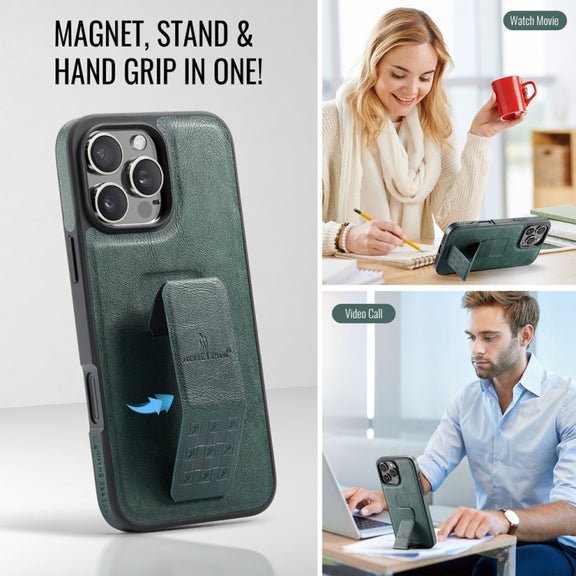 For iPhone 16 Pro Max Fierre Shann Oil Wax Cow Leather Holder Back Phone Case(Green)