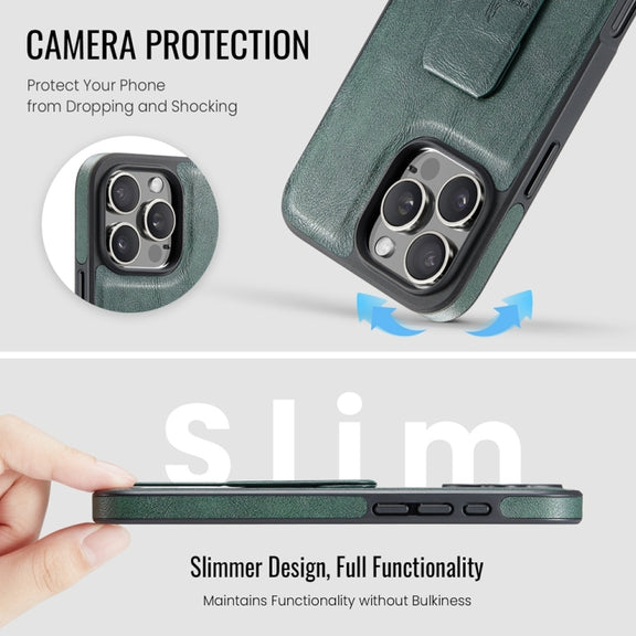 For iPhone 16 Pro Max Fierre Shann Oil Wax Cow Leather Holder Back Phone Case(Green)