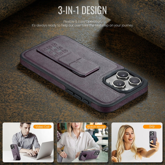 For iPhone 16 Pro Max Fierre Shann Oil Wax Cow Leather Holder Back Phone Case(Purple)
