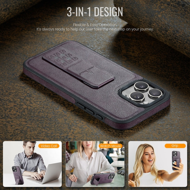 For iPhone 16 Pro Max Fierre Shann Oil Wax Cow Leather Holder Back Phone Case(Purple)
