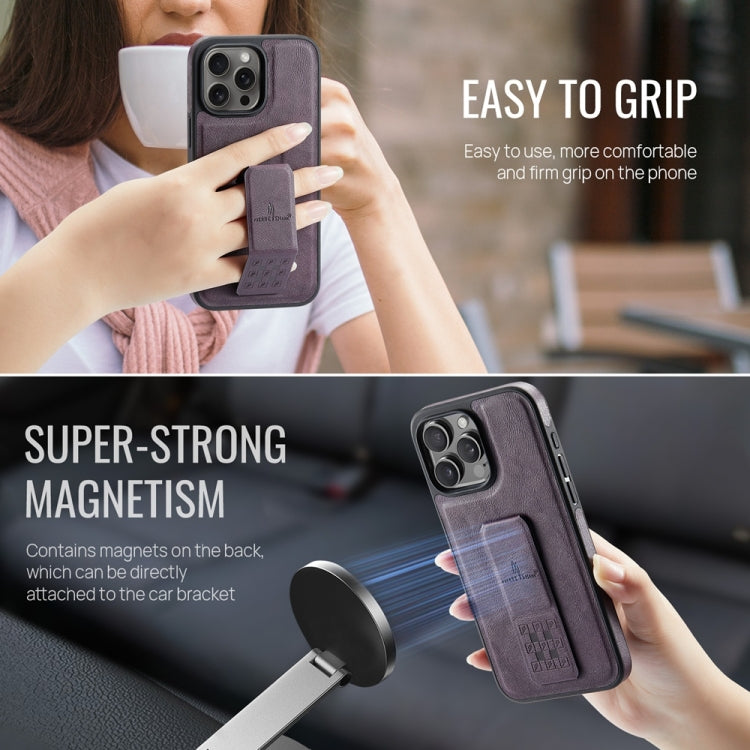 For iPhone 16 Pro Max Fierre Shann Oil Wax Cow Leather Holder Back Phone Case(Purple)