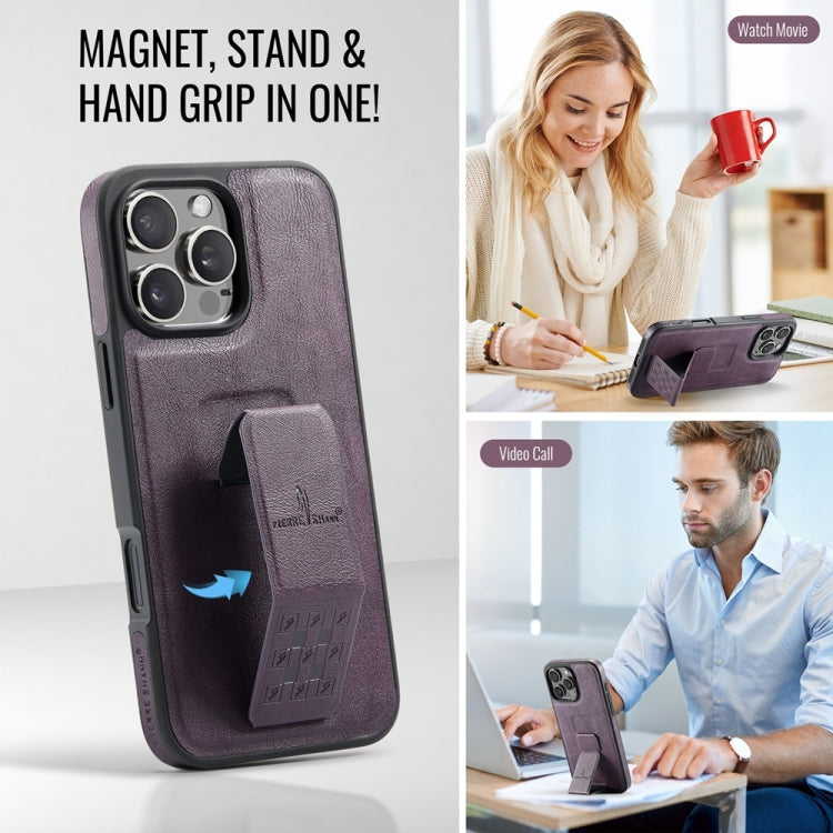 For iPhone 16 Pro Max Fierre Shann Oil Wax Cow Leather Holder Back Phone Case(Purple)