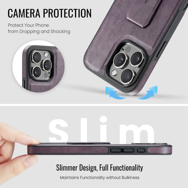 For iPhone 16 Pro Max Fierre Shann Oil Wax Cow Leather Holder Back Phone Case(Purple)