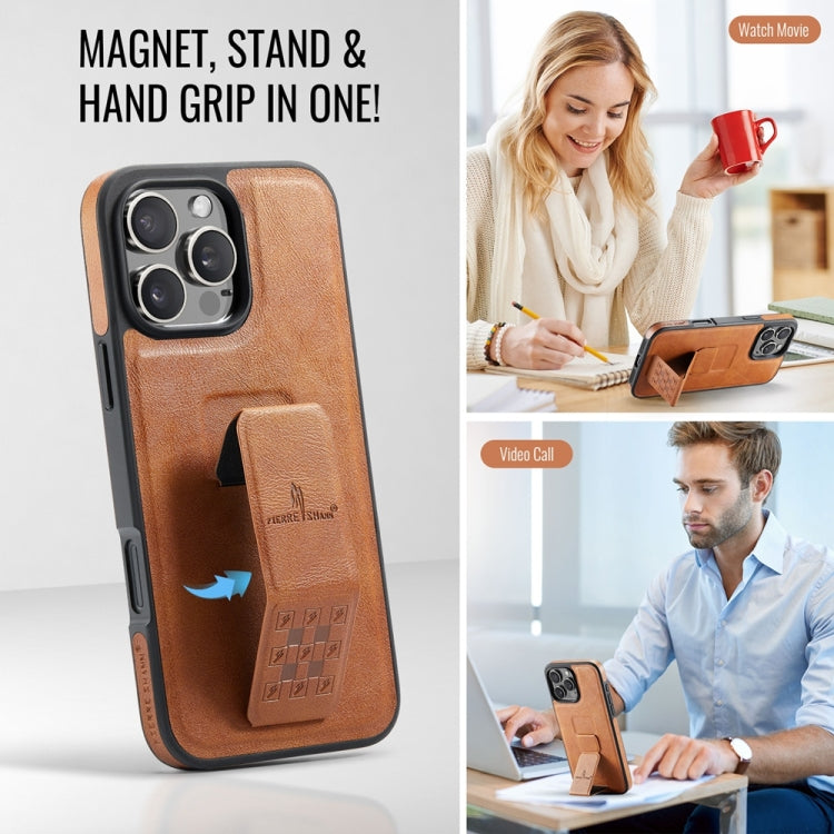 For iPhone 16 Pro Max Fierre Shann Oil Wax Cow Leather Holder Back Phone Case(Brown)