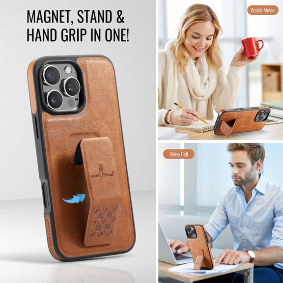 For iPhone 16 Pro Max Fierre Shann Oil Wax Cow Leather Holder Back Phone Case(Brown)