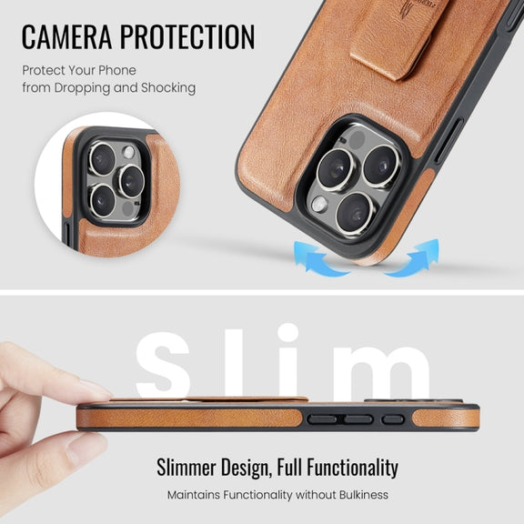 For iPhone 16 Pro Max Fierre Shann Oil Wax Cow Leather Holder Back Phone Case(Brown)
